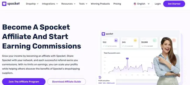 best affiliate programs for dropshipping — spocket affiliate program homepage with commission structure for referring dropshipping merchants