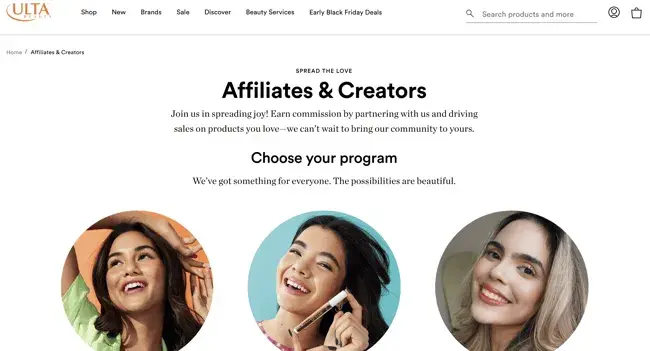 best affiliate programs for beauty — ulta beauty affiliate program landing page for beauty product content creators and influencers
