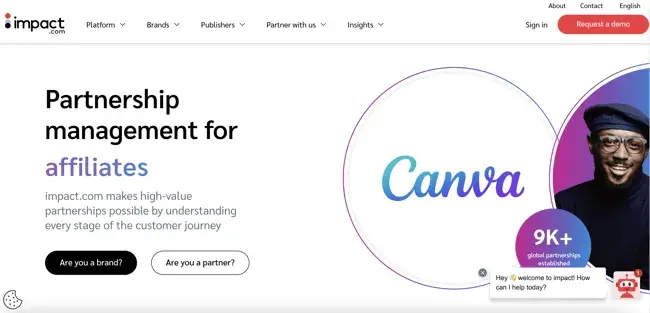 best affiliate programs tool — impact.com partnership management platform homepage showing canva partnership and 9k+ global partnerships established