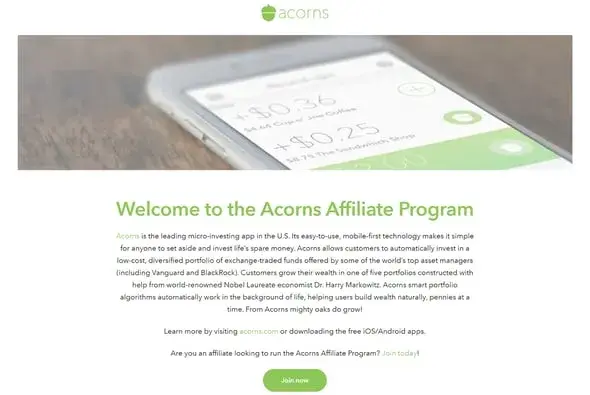 best affiliate programs — acorns affiliate program signup page or commission overview