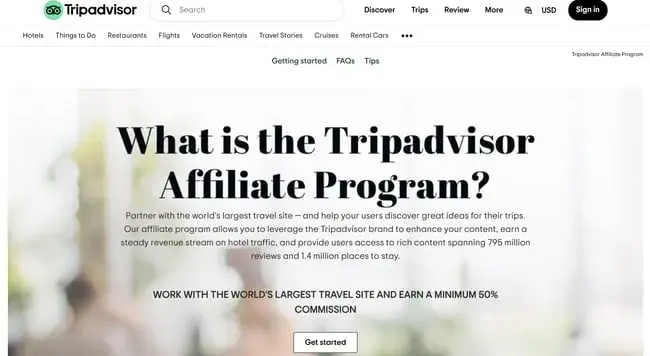 best affiliate programs for travel — tripadvisor affiliate program page promoting minimum 50% commission for referring hotel traffic to the world's largest travel site
