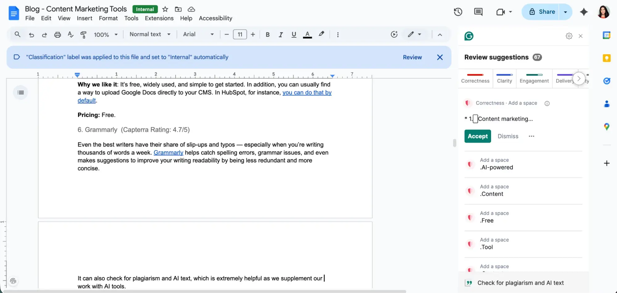 content marketing tools, grammarly for writing, editing, and optimization