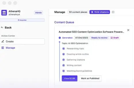 content workflow in AthenaHQ’s Action Center. The Action Center is a key differentiator in any Profound vs Athena AI for AEO comparison.