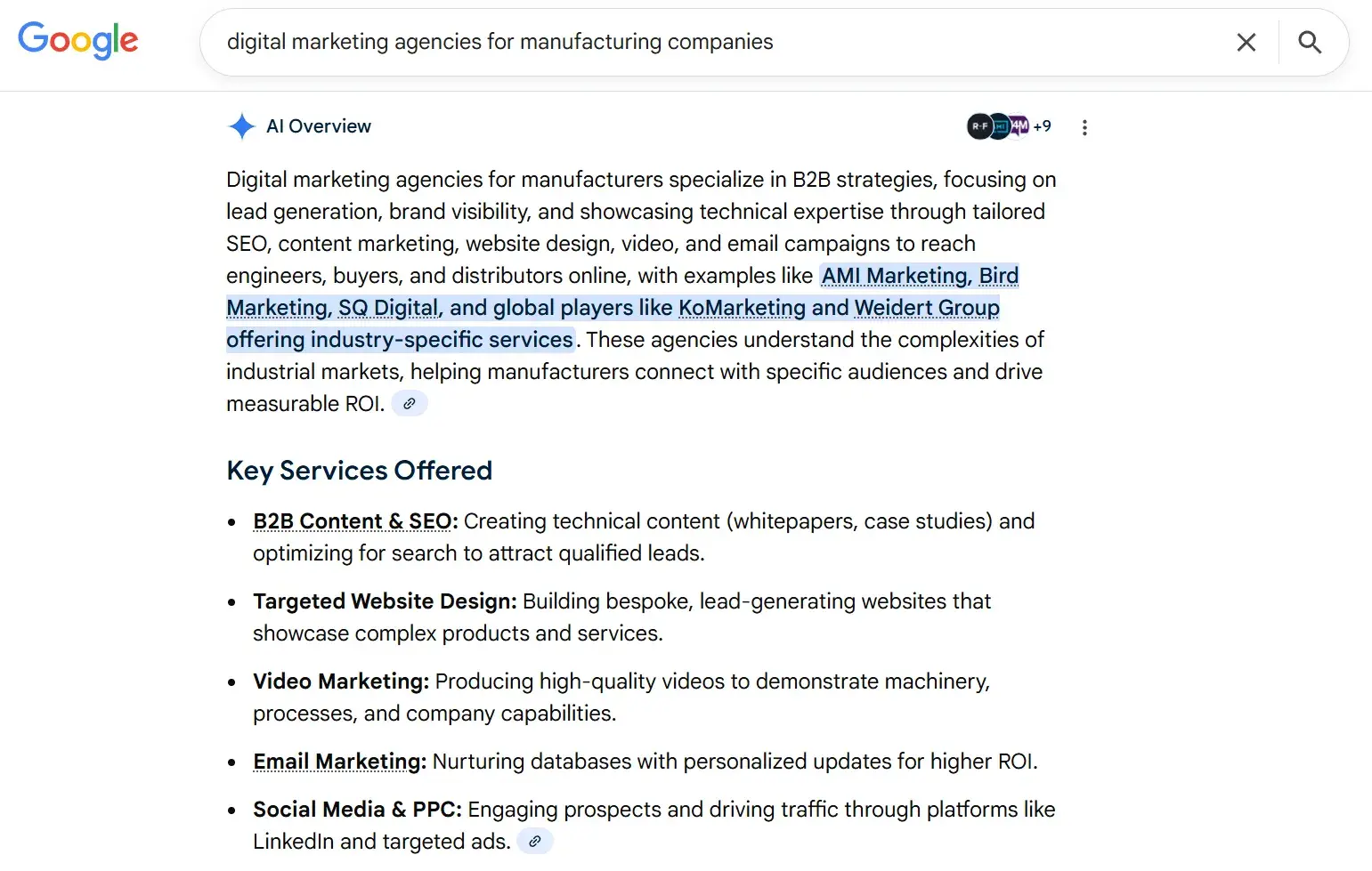 screenshot from google shows that a geo strategy is separate from traditional seo because sites rank in ai tools, but do not have traditional blue links.