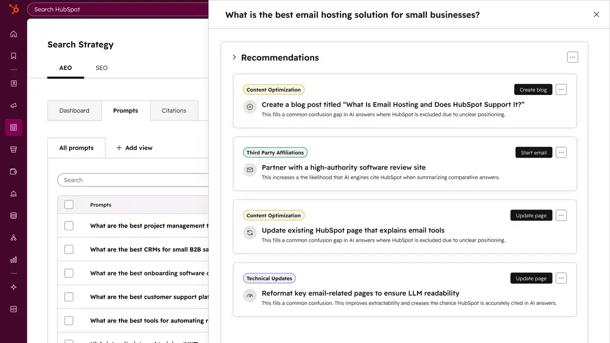 hubspot aeo tool search strategy dashboard showing recommendations to help show up in chatgpt results