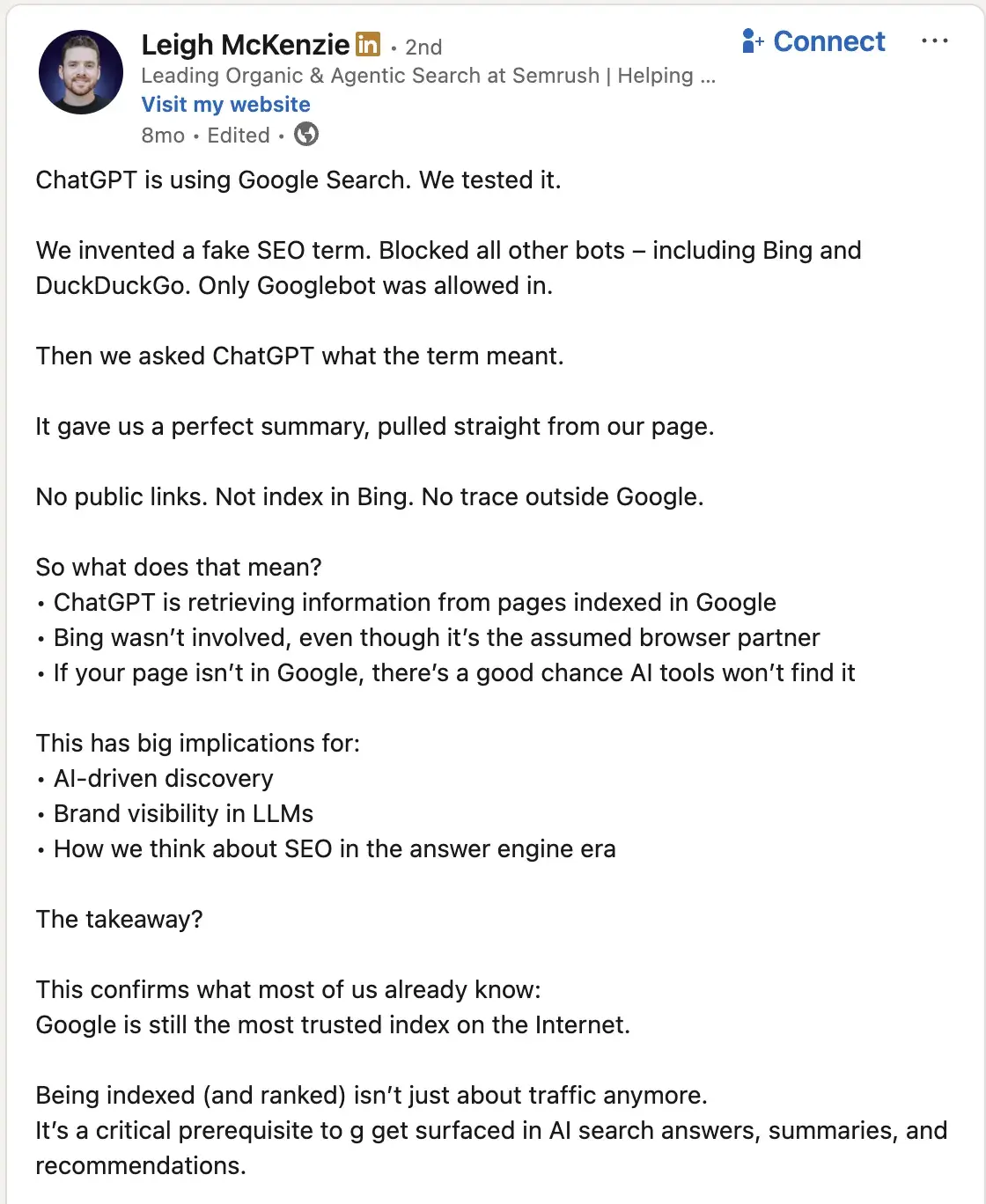 linkedin post by leigh mckenzie showing experiment proving chatgpt uses google search to retrieve and cite sources