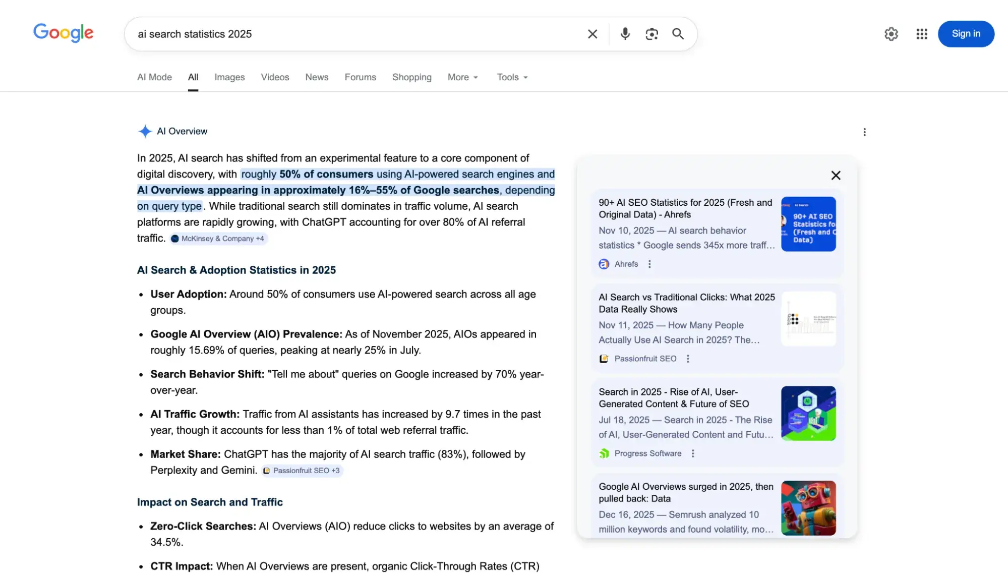 google ai overview results for ai search statistics 2025