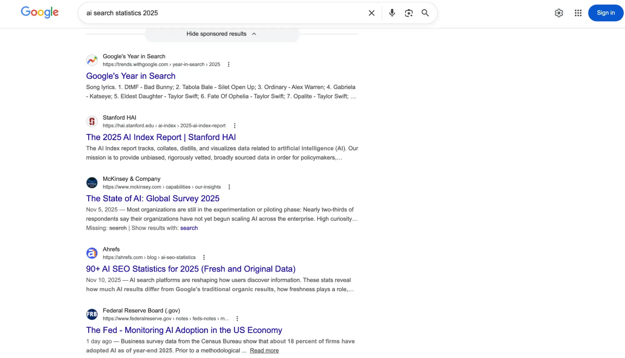 google search top five organic results for ai search statistics 2025 with no overlap to chatgpt results
