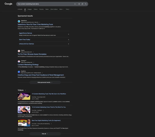 no zero click search results for conversion-focused “free content marketing tools demo” query