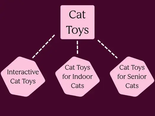 visual representation of the broad topic "cat toys" being broken into secondary topics "interactive cat toys," "cat toys for senior cats'